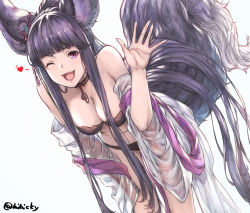 Rule 34 | 1girl, ;d, animal ears, bare shoulders, bent over, black hair, breasts, cleavage, detached sleeves, erune, fox ears, fox tail, granblue fantasy, hand up, heart, ivris, looking at viewer, medium breasts, navel, one eye closed, open mouth, purple eyes, simple background, smile, solo, tail, twitter username, white background, wide sleeves, yuel (granblue fantasy)