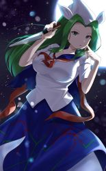 Rule 34 | 1girl, alternate costume, blue skirt, breasts, full body, ghost tail, green eyes, green hair, highres, holding, holding knife, knife, large breasts, long hair, looking at viewer, milll 77, mima (touhou), night, night sky, open mouth, outdoors, red neckwear, school uniform, shirt, short sleeves, skirt, sky, standing, star (sky), starry sky, touhou, touhou (pc-98), white headwear, white shirt