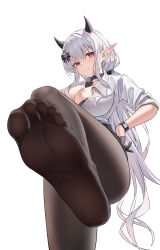 Rule 34 | 1girl, absurdres, clenched teeth, feet, foot focus, hand on own hip, highres, horns, light blush, long hair, looking at viewer, miniskirt, open clothes, open shirt, original, pantyhose, pointy ears, ref eyes, skirt, soles, teeth, toes, white background, white hair, xo (xo17800108)