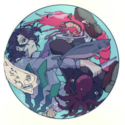Rule 34 | 10s, 1boy, algae, asano goji, asselin bb ii, circle, eyepatch, fish, holding, holding weapon, idolmaster, idolmaster side-m, knife, lowres, male focus, octopus, parted lips, red eyes, round image, shell, shrimp, sitting, solo focus, underwater, wavy hair, weapon