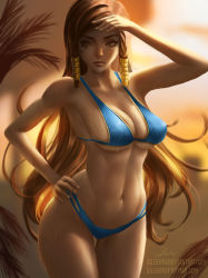 Rule 34 | 1girl, arm up, bare arms, bare shoulders, bikini, blue bikini, blurry, blurry background, breasts, brown eyes, brown hair, cleavage, closed mouth, collarbone, cowboy shot, dark-skinned female, dark skin, expressionless, facial tattoo, hand on forehead, hand on own hip, large breasts, leaf, lips, lolliedrop, long hair, looking away, looking to the side, navel, outdoors, overwatch, overwatch 1, palm leaf, pharah (overwatch), sidelocks, signature, skindentation, solo, sunset, sweat, swimsuit, tattoo, thigh gap, very long hair, watermark, web address, wet