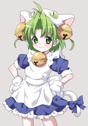 Rule 34 | 1girl, absurdres, animal hat, antenna hair, apron, back bow, bell, blue bow, blue dress, blush, bow, cat girl, cat hat, cat tail, closed mouth, commentary request, cowboy shot, dejiko, di gi charat, dress, frilled apron, frills, fujiwara tatsuroo, gloves, green eyes, green hair, grey background, hair bell, hair ornament, hands on own hips, hat, highres, jingle bell, looking to the side, medium hair, neck bell, parted bangs, petticoat, puffy short sleeves, puffy sleeves, short sleeves, smile, solo, tail, tail bow, tail ornament, two side up, white apron, white bow, white gloves, white hat