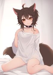 Rule 34 | 1girl, absurdres, animal ear fluff, animal ears, barefoot, bed sheet, black choker, breasts, brown eyes, brown hair, choker, closed mouth, commentary request, commission, curtains, fang, fang out, hair between eyes, hand up, heart o-ring, highres, hinata (user rjkt4745), long sleeves, looking at viewer, off shoulder, original, shirt, sitting, skeb commission, small breasts, smile, solo, tail, wariza, white shirt, wide sleeves