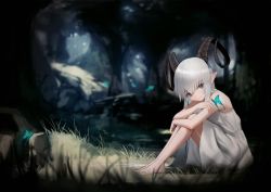 Rule 34 | 1girl, animal, animal on hand, bare arms, bare shoulders, barefoot, blue eyes, blurry, blurry background, blurry foreground, blush, bug, butterfly, butterfly on hand, closed mouth, commentary request, curled horns, day, depth of field, dress, forest, from side, glowing, hair between eyes, hara shoutarou, highres, horns, insect, knees up, long hair, nature, original, outdoors, pointy ears, silver hair, sitting, sleeveless, sleeveless dress, smile, solo, very long hair, white dress
