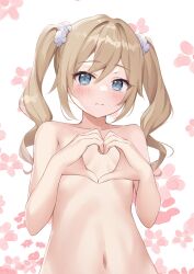 Rule 34 | 1girl, barbara (genshin impact), blue eyes, blush, breasts, closed mouth, collarbone, completely nude, drill hair, genshin impact, hair between eyes, heart, heart hands, highres, light brown hair, long hair, navel, nude, sidelocks, small breasts, solo, swept bangs, toeri (rococo), twin drills, twintails, upper body
