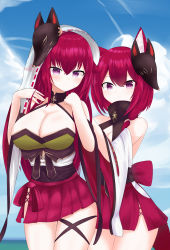 Rule 34 | 2girls, absurdres, animal ear fluff, animal ears, azur lane, bare shoulders, bow, breasts, chitose (azur lane), chiyoda (azur lane), cleavage, fox mask, hair between eyes, high collar, highres, huge filesize, large breasts, long hair, looking at viewer, mask, min1910, miniskirt, multiple girls, pleated skirt, purple eyes, red bow, red hair, red skirt, see-through, short hair, skirt