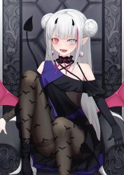 Rule 34 | 1girl, armchair, bare shoulders, black dress, black gloves, black pantyhose, blue eyes, blush, boots, breasts, chair, double bun, dress, earrings, elbow gloves, foot out of frame, girls&#039; frontline, gloves, hair bun, halloween, halloween costume, highres, horns, jewelry, long hair, looking at viewer, mdr (ghost trap) (girls&#039; frontline), mdr (girls&#039; frontline), official alternate costume, open mouth, pantyhose, pink eyes, pointy ears, sitting, smile, solo, thomas 8000, two-tone dress, white hair, wings