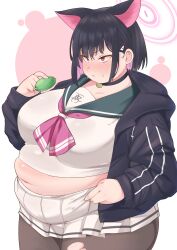 Rule 34 | 1girl, absurdres, alternate body size, animal ears, bifizu&#039;s gold, black hair, blue archive, blush, breasts, choker, cowboy shot, crop top, drawstring, fat, food, hair between eyes, hair ornament, hairclip, halo, highres, holding, holding food, jacket, kazusa (blue archive), large breasts, long sleeves, medium hair, midriff, miniskirt, navel, obese, open clothes, open jacket, pantyhose, parted lips, pink background, pink halo, pleated skirt, red eyes, sailor collar, sidelocks, skirt, solo, sweat, thick thighs, thighs, torn clothes, tsurime