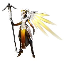 Rule 34 | 1girl, absurdres, alpha transparency, arnold tsang, black eyes, breasts, floating, full body, halo, high ponytail, highres, mechanical halo, mechanical wings, mercy (overwatch), official art, overwatch, overwatch 1, pelvic curtain, solo, staff, transparent background, white hair, wings