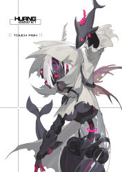 Rule 34 | 1girl, android, black sclera, black skin, colored sclera, colored skin, commentary request, facial mark, fins, fish tail, forehead mark, glowing, glowing eyes, highres, hood, hood up, hooded jacket, huang (volt0526), jacket, joints, mechanical parts, punishing: gray raven, purple eyes, robot joints, shark, solo, tail, torn clothes, toy, transparent, white background, white hair