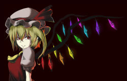 Rule 34 | 1girl, ascot, bad id, bad pixiv id, blonde hair, dark background, flandre scarlet, hat, looking at viewer, mob cap, red eyes, ribbon, shika miso, short hair, short sleeves, side ponytail, smile, solo, touhou, white hat, wings