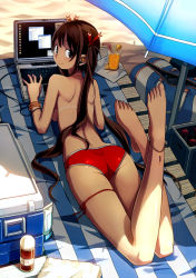 Rule 34 | 1girl, anklet, ass, back, bail, barefoot, beach, beach umbrella, bikini, bikini bottom only, bikini tan, blue eyes, bracelet, brown hair, cable, computer, crossed legs, day, feet, from above, jewelry, juice, keyboard (computer), laptop, legs, legs up, long hair, looking back, lying, on stomach, original, red bikini, sand, shade, smile, solo, striped, sunlight, swimsuit, tan, tanline, thigh strap, toes, topfreedom, topless, twintails, umbrella, windows xp