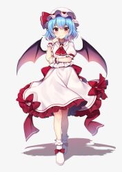 Rule 34 | 1girl, ascot, bat wings, blue hair, bow, footwear bow, frilled skirt, frills, hat, highres, mob cap, red ascot, red eyes, red ribbon, remilia scarlet, ribbon, ruhika, shadow, skirt, solo, standing, touhou, white footwear, white hat, wings