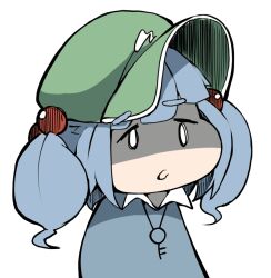 Rule 34 | 0 0, 1girl, blue hair, blue shirt, cabbie hat, collar, collared shirt, commentary request, deformed, flanvia, green hat, hair bobbles, hair ornament, hat, jewelry, kawashiro nitori, key, key necklace, long hair, looking ahead, low twintails, necklace, open mouth, shaded face, shirt, simple background, solo, touhou, twintails, white background, white collar