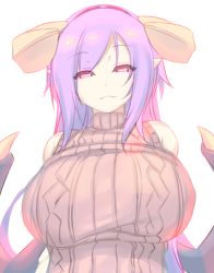 Rule 34 | 1girl, breasts, brown sweater, demon girl, demon horns, demon wings, hairband, half-closed eyes, highres, horns, huge breasts, lilith (mon-musu quest: paradox), looking at viewer, low wings, meme attire, mon-musu quest!, mon-musu quest: paradox, original, parted lips, purple hair, ribbed sweater, seductive smile, shiki (psychedelic g2), simple background, smile, solo, sweater, virgin killer sweater, white background, wings