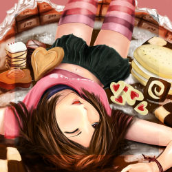 Rule 34 | 1girl, bad id, bad pixiv id, bracelet, brown eyes, brown hair, candy, checkerboard cookie, chocolate, cookie, food, jewelry, jiro, lying, midriff, navel, on back, one eye closed, pink thighhighs, shirt, skirt, solo, striped clothes, striped thighhighs, t-shirt, thighhighs, upside-down, wink