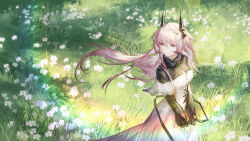 Rule 34 | 1girl, absurdres, arknights, closed mouth, collared dress, commentary request, dress, floating hair, flower, grass, highres, horns, long hair, long sleeves, looking to the side, pink hair, red eyes, solo, standing, theresa (arknights), two-tone dress, white dress, yiyanbanshengchou