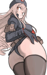Rule 34 | 1girl, absurdres, ass, black hat, blonde hair, breasts, from below, goddess of victory: nikke, hat, highres, huge ass, large breasts, legs, long hair, looking back, orange eyes, rapi (nikke), solo, thick thighs, thighs, thong, toshinoshin