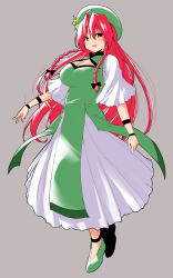 Rule 34 | 1girl, adapted costume, akure ekuto, alternate costume, ankleband, beret, black eyes, braid, breasts, china dress, chinese clothes, cleavage, dress, green dress, green footwear, grey background, hat, hat ornament, highres, hong meiling, long hair, pelvic curtain, red hair, simple background, skirt, star (symbol), star hat ornament, touhou, twin braids, underskirt, white skirt, wide sleeves, wristband