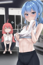 Rule 34 | 2girls, abs, ahoge, barbell, blue eyes, blue hair, blurry, blush, depth of field, exercising, closed eyes, gym, highres, hololive, hoshimachi suisei, long hair, looking at viewer, low twintails, midriff, multiple girls, navel, otsu hai18, pants, ponytail, red hair, sakura miko, sports bra, squatting, sweat, towel, twintails, virtual youtuber, weightlifting, yoga pants