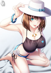 Rule 34 | 1girl, bare shoulders, barefoot, bikini, black bikini, blue bikini, blush, bracelet, braid, breasts, brown hair, charlotte corday (fate), charlotte corday (swimsuit caster) (fate), charlotte corday (swimsuit caster) (first ascension) (fate), cleavage, collarbone, fate/grand order, fate (series), flower, green eyes, hat, highres, jewelry, large breasts, looking at viewer, mismatched bikini, navel, necklace, pendant, short hair, side braid, sitting, smile, solo, sun hat, swimsuit, thighs, white hat, zaregoto tsukai no deshi