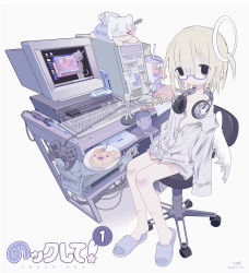 Rule 34 | 1girl, absurdres, angel, angel wings, bare legs, black eyes, blonde hair, buttons, chair, character doll, charm (object), collared shirt, computer, crt, cup, desk, disposable cup, drawing tablet, drinking straw, feathered wings, figure, food, fork, full body, game console, glasses, hair between eyes, halo, headphones, headphones around neck, highres, keyboard (computer), long sleeves, looking at viewer, medicine box, monitor, mouse (computer), mug, off shoulder, office chair, on chair, open clothes, open shirt, original, outo eguchi, paper, parted lips, partially unbuttoned, pen, plate, playstation 2, playstation controller, purple-framed eyewear, semi-rimless eyewear, shirt, short hair, signature, simple background, sitting, sleeves past fingers, sleeves past wrists, slippers, soldering iron, solo, sticky note, swivel chair, tissue box, translation request, twitter username, under-rim eyewear, wcdonald&#039;s, white background, white shirt, white wings, wings