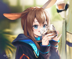 Rule 34 | 1girl, amiya (arknights), animal ears, arknights, black jacket, blue eyes, blurry, blurry background, blush, brown hair, closed mouth, commentary request, cup, depth of field, drink, hair between eyes, hands up, highres, holding, holding cup, hood, hood down, hooded, jacket, long hair, long sleeves, looking away, puffy long sleeves, puffy sleeves, rabbit ears, sallyzaemon, signature, sleeves past wrists, solo, tongue, tongue out, transparent, upper body