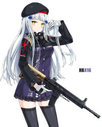 Rule 34 | 1girl, assault rifle, beret, black hat, black thighhighs, blunt bangs, blush, breasts, brown skirt, character name, commentary request, facial mark, finger on trigger, girls&#039; frontline, gloves, green eyes, gun, h&amp;k hk416, hair ornament, hand in own hair, hand up, hat, highres, hk416 (girls&#039; frontline), holding, holding gun, holding weapon, jacket, juna, long hair, long sleeves, looking at viewer, name connection, object namesake, parted lips, plaid, plaid skirt, pleated skirt, purple jacket, rifle, silver hair, simple background, skirt, small breasts, solo, thighhighs, twitter username, v-shaped eyebrows, very long hair, weapon, white background, white gloves