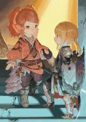 Rule 34 | 2girls, armor, warrior of light (ff14), belt, black footwear, black gloves, black pants, blonde hair, boots, dated, eye contact, faulds, final fantasy, final fantasy xiv, full body, gloves, greaves, green eyes, holding, holding hands, holding shield, jacket, jewelry, knee boots, lalafell, long sleeves, looking at another, low twintails, medium hair, multiple girls, n122425, nanamo ul namo, orange hair, orange jacket, paladin (final fantasy), pants, pauldrons, pendant, pointy ears, profile, shield, short hair, shoulder armor, sidelocks, signature, smile, stairs, standing, sword, twintails, walking, weapon