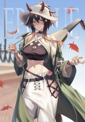 Rule 34 | 1girl, animal ears, arknights, bad hands, bare shoulders, black choker, black shirt, breasts, brown hair, choker, cleavage, coat, commentary request, cowboy shot, crop top, ears through headwear, green eyes, grin, hair between eyes, highres, horse ears, large breasts, long hair, looking at viewer, meteor (arknights), meteor (bard&#039;s holiday) (arknights), midriff, navel, official alternate costume, open clothes, open coat, pants, shirt, smile, solo, standing, stomach, suwa763, white headwear, white pants