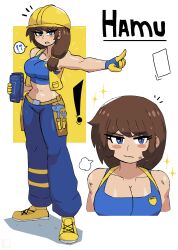 Rule 34 | !, 1girl, absurdres, angry, belt, blue eyes, blue gloves, blue pants, blue shirt, blueprint (object), blush, breasts, brown belt, brown hair, cleavage, collarbone, construction worker, gloves, hammer, hamu (tony welt), hard hat, hat, helmet, highres, holding, large breasts, long hair, looking at viewer, midriff, multiple views, name tag, navel, open mouth, original, pants, pointing, ponytail, puff of air, shirt, shoes, side ponytail, sneakers, sparkle, speech bubble, spoken exclamation mark, standing, sweat, tank top, teeth, tony welt, vest, white background, wrench, yellow footwear, yellow hat, yellow vest