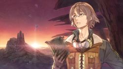 Rule 34 | 10s, 1boy, atelier (series), atelier escha &amp; logy, awin sidelet, book, brown eyes, brown gloves, brown hair, game cg, glasses, gloves, goggles, goggles around neck, hidari (left side), holding, holding book, male focus, official art, open book, outdoors, parted lips, rimless eyewear, short hair, solo, sun, sunrise, sunset, upper body, vest
