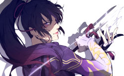Rule 34 | black and red and purple hair, holding, holding weapon, insanely hot, kitsune marks, kunimitsu ii, kunoichi, purple eyes, namco, ponytail, scottiekoba, tekken, weapon