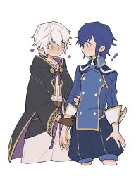 Rule 34 | !, 2boys, aged down, arm grab, black robe, blue eyes, blue hair, blue jacket, blue shorts, blush, child, chrom (child) (fire emblem), chrom (fire emblem), cowboy shot, fire emblem, fire emblem awakening, fire emblem heroes, gloves, grey eyes, highres, hooded robe, jacket, julianlynnnn, looking at another, male focus, multiple boys, nintendo, official alternate costume, pants, robe, robin (fire emblem), robin (male) (fire emblem), shirt, short hair, shorts, simple background, smile, white background, white hair, white shirt