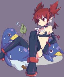 Rule 34 | 1girl, boots, choker, cup, demon tail, demon wings, disgaea, drinking, earrings, etna (disgaea), female focus, flat chest, jewelry, pointy ears, prinny, purple background, red hair, roku kyuu, simple background, sitting, skull earrings, tail, thigh boots, thighhighs, twintails, wings