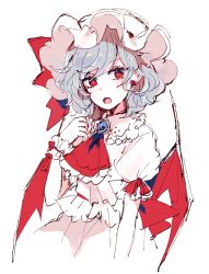 Rule 34 | 1girl, bat wings, earrings, hat, jewelry, looking at viewer, mob cap, mozukuzu (manukedori), neckerchief, open mouth, red eyes, remilia scarlet, short hair, silver hair, simple background, slit pupils, solo, touhou, wings, wrist cuffs