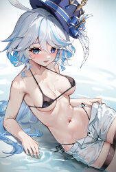 Rule 34 | 1girl, absurdres, blue eyes, blue hair, breasts, cleavage, furina (genshin impact), genshin impact, highres, hundun no bifang, light blue hair, looking at viewer, medium breasts, multicolored hair, simple background, smile, solo, wet, white hair