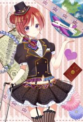 Rule 34 | 10s, 1girl, aircraft, airplane, hat, highres, looking at viewer, love live!, love live! school idol festival, love live! school idol project, nishikino maki, passport, purple eyes, red hair, ryoutan, short hair, smile, solo, thighhighs