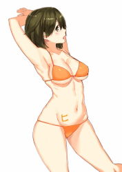 Rule 34 | 10s, 1girl, armpits, arms up, bikini, body writing, breasts, brown eyes, brown hair, dutch angle, female focus, hiryuu (kancolle), kantai collection, large breasts, looking at viewer, navel, open mouth, orange bikini, poco (backboa), short hair, simple background, skindentation, solo, swimsuit, white background