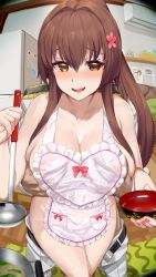 Rule 34 | 1boy, 1girl, admiral (kancolle), apron, blush, bowl, grabbing another&#039;s breast, breasts, brown hair, cherry blossoms, cleavage, clothed male nude female, clothes pull, collarbone, commentary request, cooking, epaulettes, flower, frilled apron, frills, grabbing, grabbing from behind, groping, hair flower, hair ornament, hetero, highres, holding, indoors, kantai collection, kusaka souji, large breasts, long hair, looking at viewer, military, military uniform, nail polish, naked apron, naval uniform, nude, open mouth, pants, pants pull, ponytail, pussy juice, sidelocks, smile, solo focus, standing, sweatdrop, uniform, white apron, yamato (kancolle)