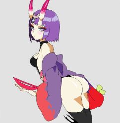 Rule 34 | 1girl, ass, bcdf22, bob cut, commentary, cup, english commentary, eyeliner, fate/grand order, fate (series), from side, horns, huge ass, japanese clothes, kimono, makeup, oni, open clothes, open kimono, purple kimono, sakazuki, short eyebrows, shuten douji (fate), simple background, skin-covered horns