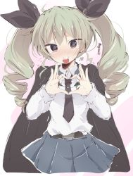 Rule 34 | 1girl, @ @, anchovy (girls und panzer), anzio school uniform, bad id, bad twitter id, belt, black belt, black cape, black necktie, black ribbon, blush, cape, closed mouth, commentary, commentary request, cowboy shot, dress shirt, drill hair, emblem, getsumen suibaku ver. a(c), girls und panzer, green hair, hair ornament, hair ribbon, heart, heart hair ornament, long hair, long sleeves, looking at viewer, miniskirt, mouth hold, necktie, pleated skirt, red eyes, ribbon, school uniform, shirt, skirt, smile, solo, standing, symbol-only commentary, tearing up, trembling, twin drills, twintails, twitter username, white shirt