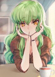 Rule 34 | 1girl, blurry, blurry background, breasts, brown nails, brown sweater, c.c., cleavage, code geass, creayus, cup, food, green hair, hair between eyes, head rest, indoors, long hair, looking at viewer, medium breasts, mouth hold, nail polish, pocky, pocky day, pov across table, sleeves pushed up, solo, sweater, table, teacup, upper body, watch, wavy hair, wristwatch, yellow eyes