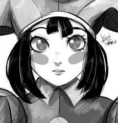 Rule 34 | 1girl, absurdres, blush stickers, collared shirt, cropped shoulders, dated, greyscale, hat, highres, jester, jester cap, kazaarte, looking at viewer, monochrome, multicolored eyes, parted lips, pomni (the amazing digital circus), puffy sleeves, shirt, signature, solo, the amazing digital circus, white background