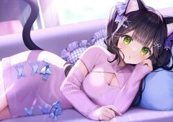Rule 34 | 1girl, :o, animal ear fluff, animal ears, bell, black hair, blue bow, blue nails, bow, breasts, cat ears, cat girl, cat tail, cleavage, cleavage cutout, clothing cutout, commentary request, day, detached sleeves, dress, frilled pillow, frills, green eyes, hair ornament, hairclip, heart, heart hair ornament, heart-shaped pillow, indoors, jingle bell, large breasts, long hair, long sleeves, lying, medium breasts, meme attire, mole, mole under mouth, momoshiki tsubaki, nail polish, neck bell, on side, open-chest sweater, original, parted lips, pillow, pink sleeves, pink sweater, plaid, plaid pillow, sleeves past wrists, solo, sunlight, sweater, sweater dress, tail, twintails, very long hair, window, x hair ornament