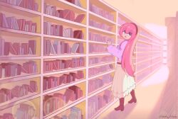 Rule 34 | 1girl, blue eyes, book, bookshelf, boots, breasts, brown footwear, brown hairband, commentary, full body, glasses, hair between eyes, hairband, highres, indoors, large breasts, library, long hair, long skirt, looking to the side, megurine luka, mokujhin, open mouth, over-rim eyewear, pink hair, pink shirt, purple nails, red-framed eyewear, semi-rimless eyewear, shirt, sidelocks, skirt, solo, standing, sunlight, twintails, vocaloid, white skirt
