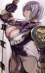 Rule 34 | 1girl, armor, bare hips, breasts, choker, cleavage, curvy, earrings, gauntlets, groin, hair over one eye, hip focus, huge breasts, isabella valentine, jewelry, large breasts, parted lips, revealing clothes, short hair, shoulder pads, skull, solo, soul calibur, soulcalibur, soulcalibur v, sword, tea (nakenashi), weapon, white hair, wide hips