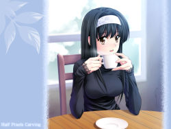 Rule 34 | 1girl, aizawa kotarou, black hair, coffee, hairband, highres, original, solo, wallpaper, window