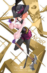 Rule 34 | 1girl, artist logo, artist name, ascot, axe, bandolier, black feathers, black headwear, black mask, black pantyhose, breasts, brooch, commentary, cup, domino mask, english commentary, english text, eye mask, feathers, from above, full body, gloves, gold, hand up, hat feather, hat over one eye, highres, holding, holding cup, jewelry, leg up, pantyhose under shorts, long sleeves, looking at viewer, mask, milady (persona), nikusenpai, okumura haru, orange hair, pantyhose, parted lips, persona, persona 5, pink eyes, pink hair, pink shirt, pinky out, planted, planted axe, puffy long sleeves, puffy sleeves, purple gloves, red shorts, satin, shell casing, shirt, short hair, short shorts, shorts, solo, sparkle, standing, standing on one leg, tea, teacup, watermark, wavy hair, white ascot