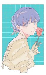 Rule 34 | 1girl, aqua background, closed mouth, cropped arms, cropped torso, cross-laced clothes, flower, gloves, grey eyes, hand up, highres, holding, holding flower, ksnnw k, looking at viewer, looking to the side, purple eyes, purple hair, red flower, red rose, rose, smile, solo, teruya fumika, updo, upper body, world trigger
